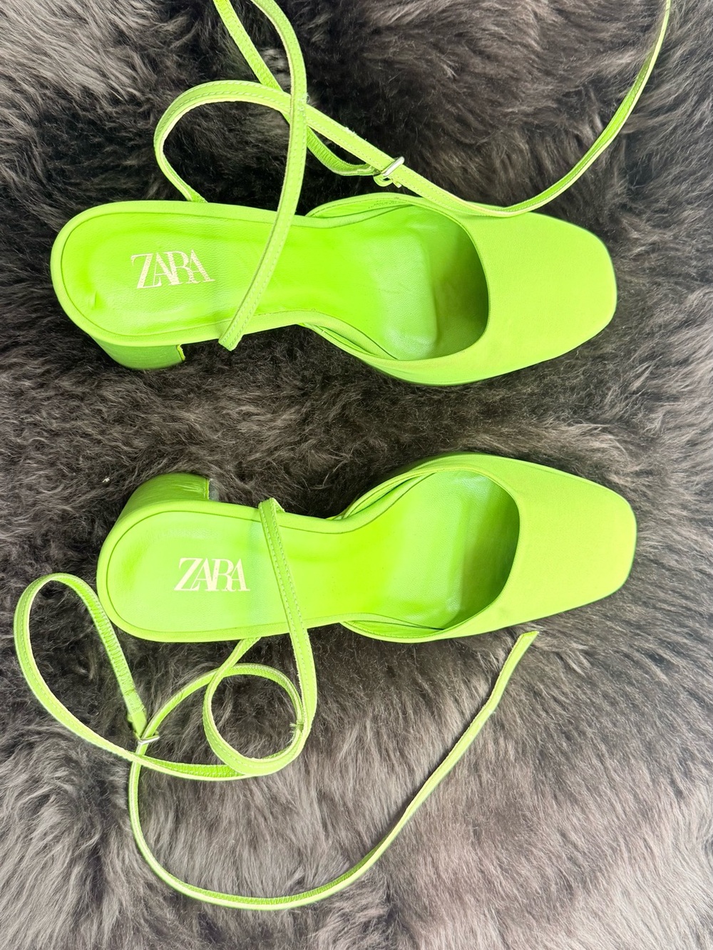 ZARA Neon Lime Strappy Block Heel Sandals